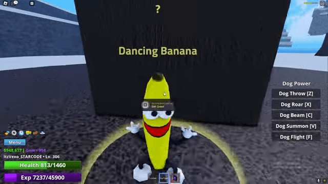 Dancing Banana NPC and Get Quest prompt in Meme Sea